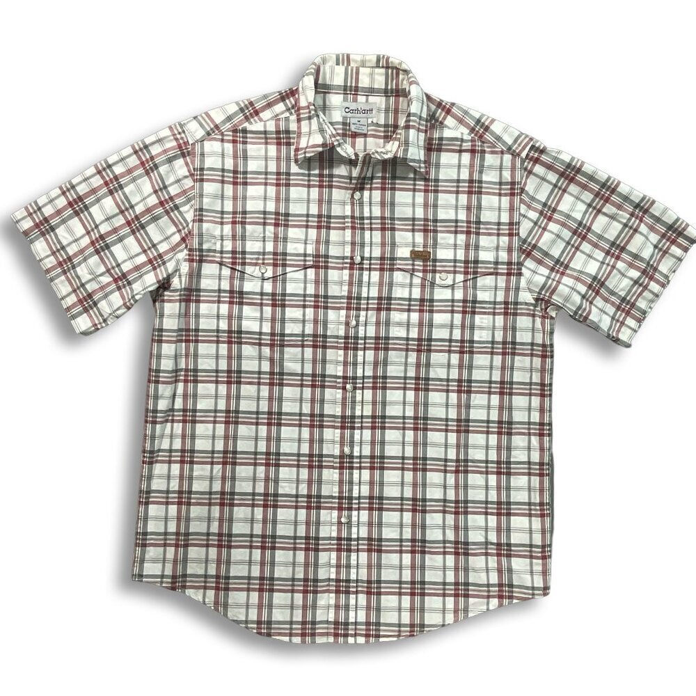 Carhartt Y2K Shirt Mens M Red Gray Plaid Cotton Pearl Snap Short‎ Sleeve Western